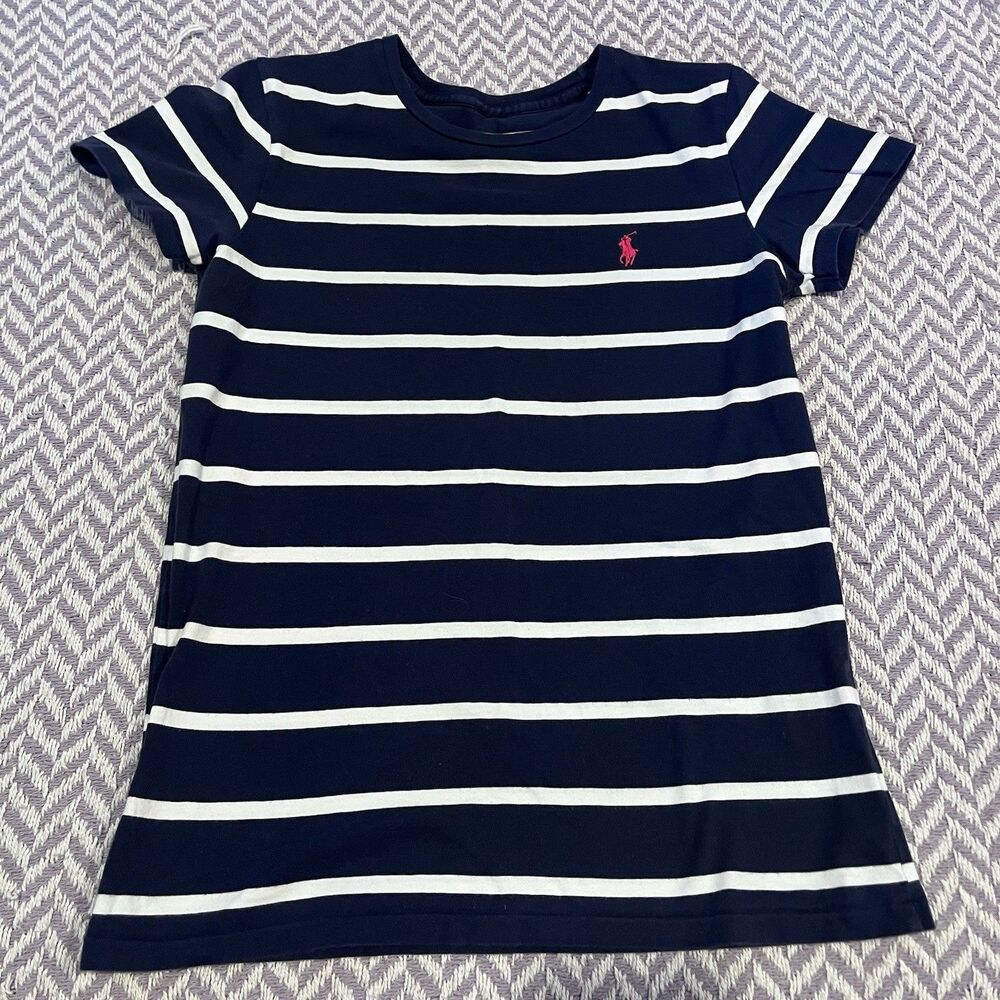 Polo Ralph Lauren Navy Blue White Striped T Shirt 100% Cotton See Pics for Size